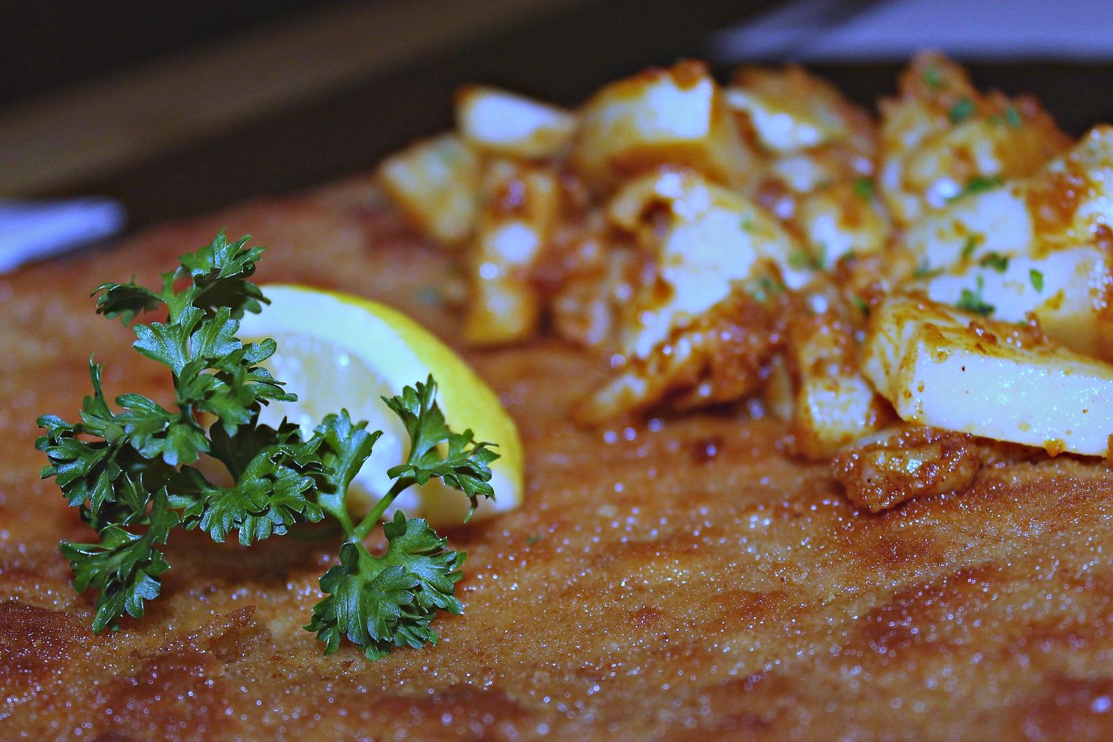 Schnitzel with home fries at das Schnitzelhaus in Hamilton
